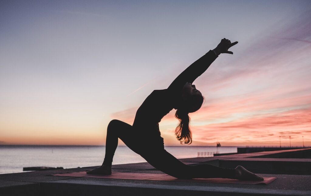 yoga, outdoors, sunrise, meditation, nature, fitness, workout, exercise, woman, twilight, dusk